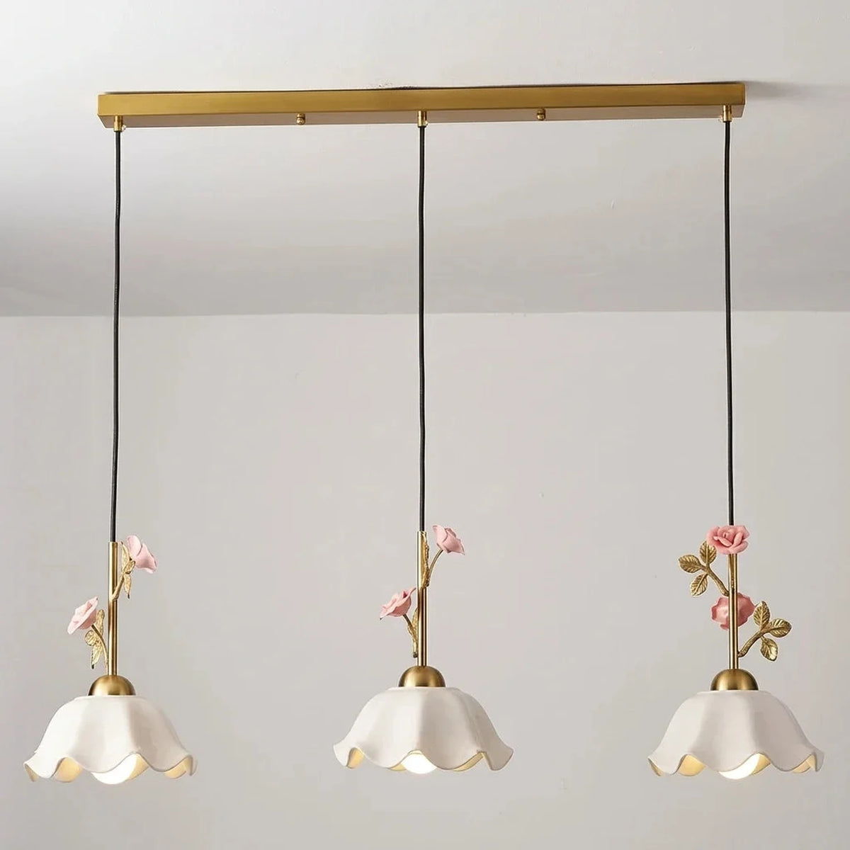 Country Linear Pendant Light in rose porcelain for Kitchen Island by AUVIELIGHT, L 38.6" x H 59" / Gold & White