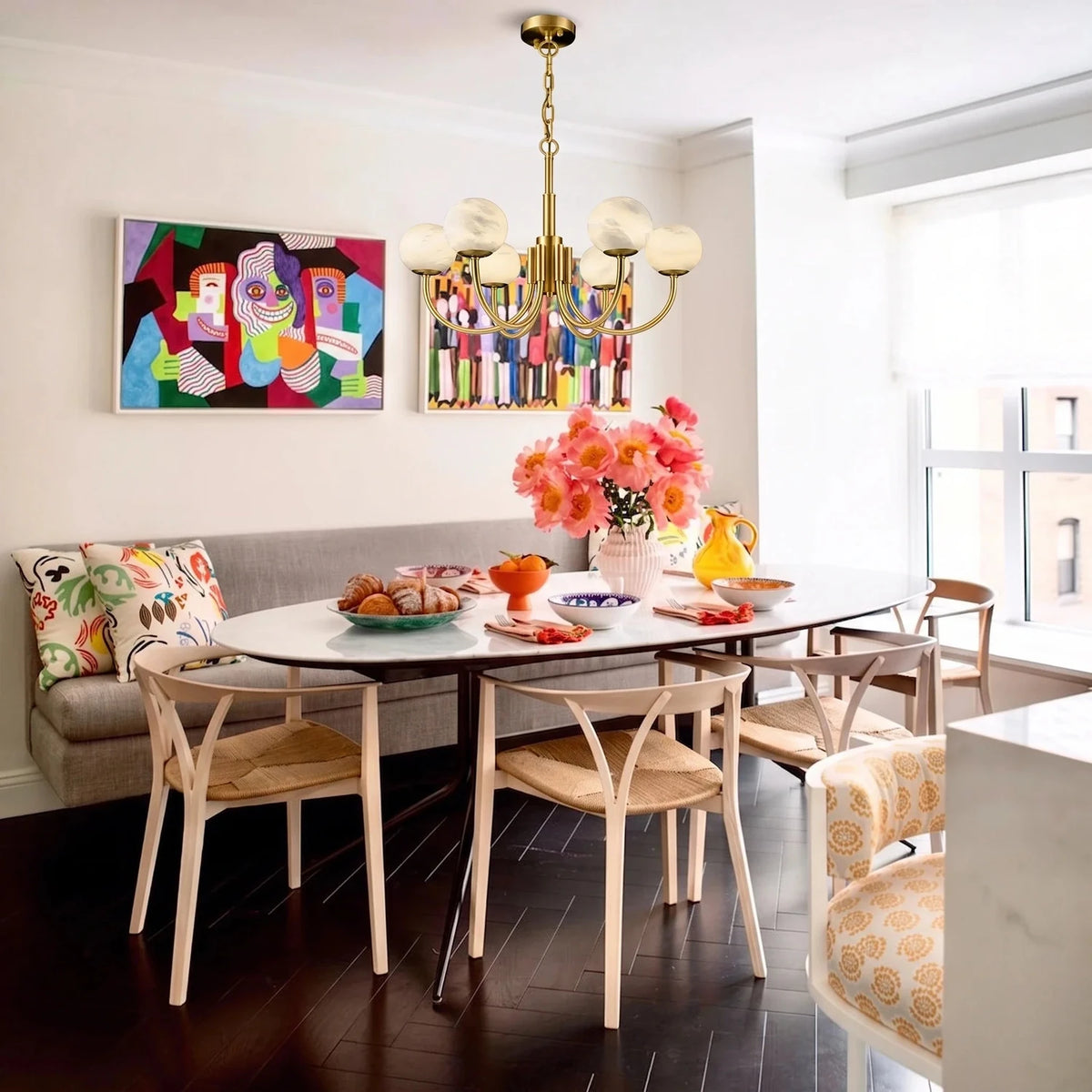 Curved Chandelier in alabaster for Dining Room by AUVIELIGHT
