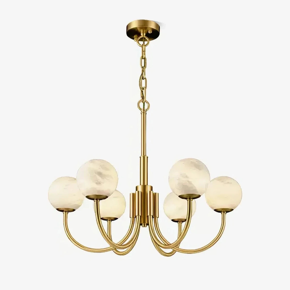 Curved Chandelier in alabaster for Dining Room by AUVIELIGHT, 6 Heads Size: Dia 65cm x H 50cm / ∅ 25.6″ x H 19.7″ / Brass & White / Warm Light
