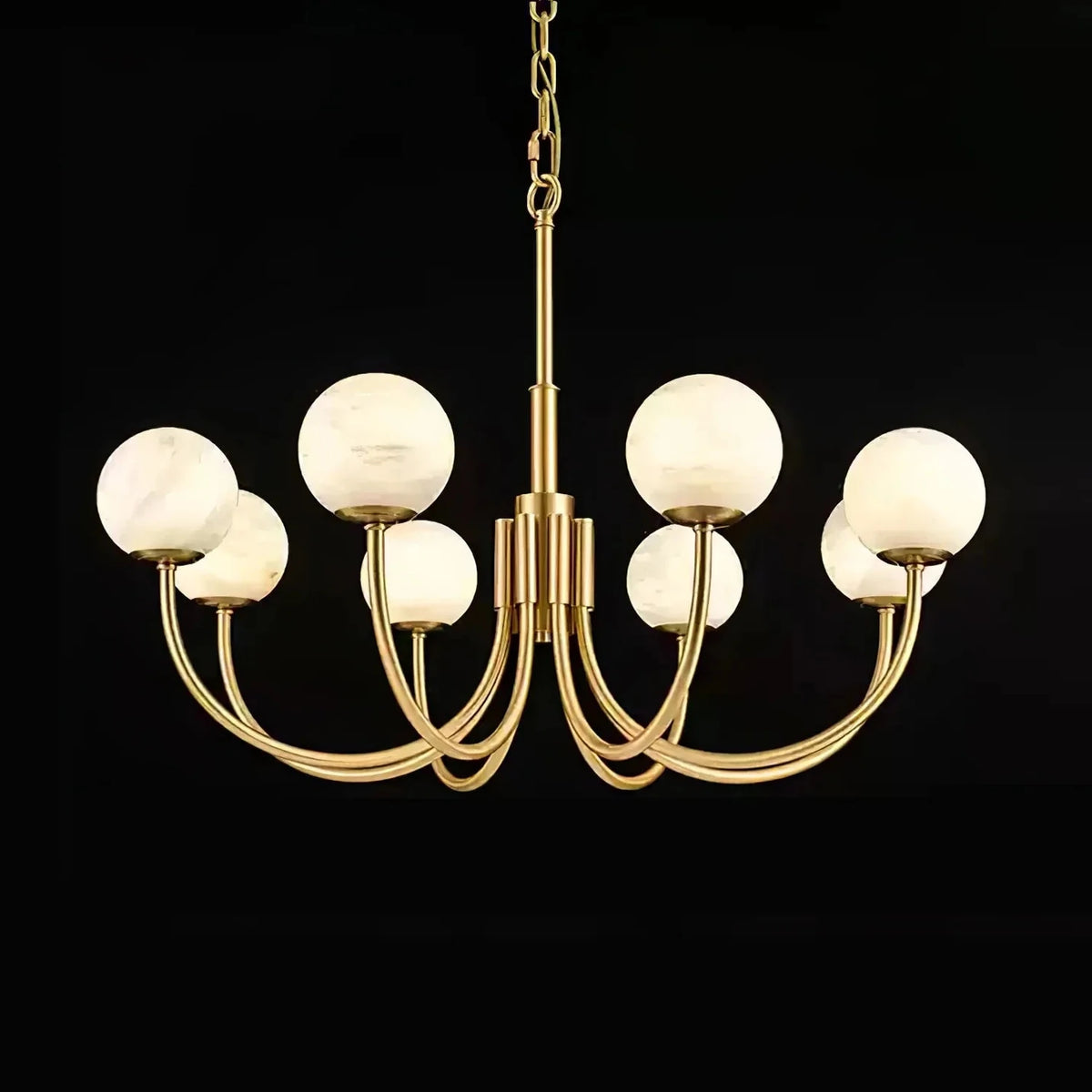 Curved Chandelier in alabaster for Dining Room by AUVIELIGHT, 8 Heads Size: Dia 80cm x H 50cm / ∅ 31.5″ x H 19.7″ / Brass & White / Warm Light