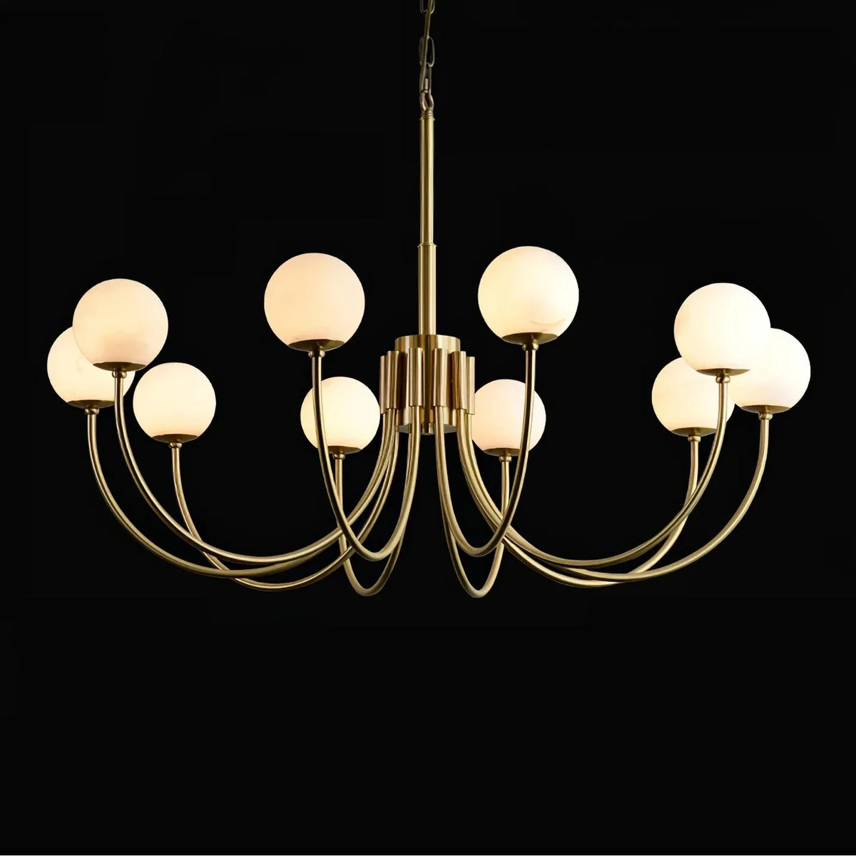 Curved Chandelier in alabaster for Dining Room by AUVIELIGHT, 10 Heads Size: Dia 100cm x H 50cm / ∅ 39.4″ x H 19.7″ / Brass & White / Warm Light