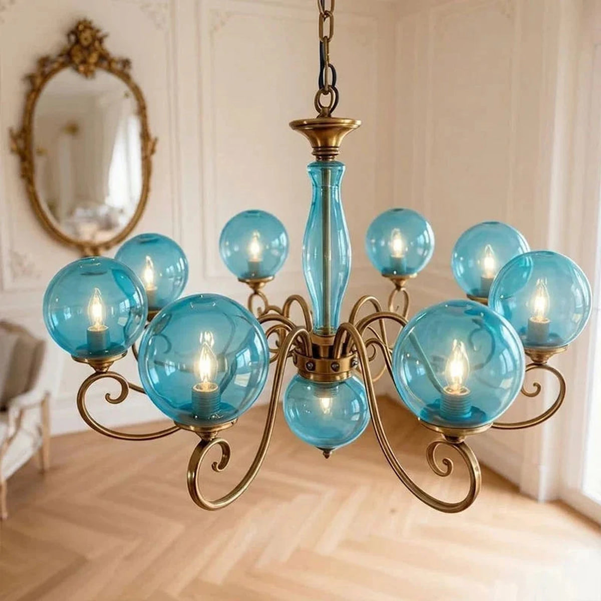 Curved Chandelier in rose brass for Dining Room light fixture by AUVIELIGHT, 8+1 heads D 95cm x H 45cm / ∅ 37.4" x H 17.7" / Antique Brass & Blue