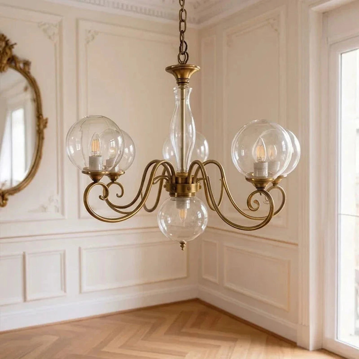 Curved Chandelier in rose brass for Dining Room light fixture by AUVIELIGHT, 5+1 heads D 65cm x H 45cm / ∅ 25.6" x H 17.7" / Antique Brass &