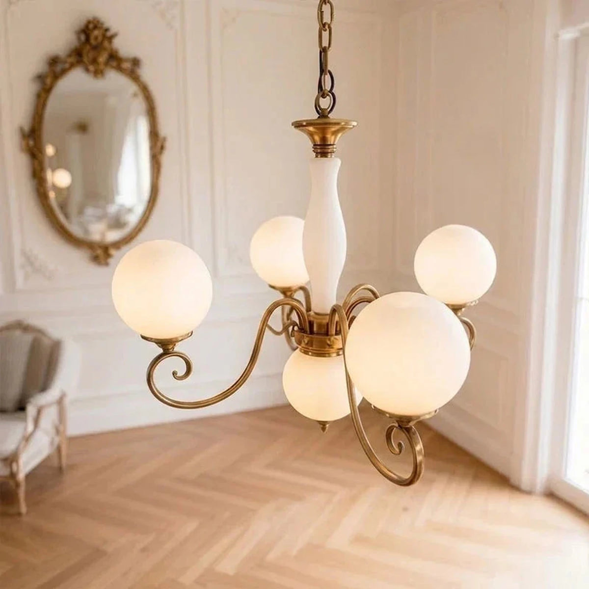Curved Chandelier in rose brass for Dining Room light fixture by AUVIELIGHT, 4+1 heads D 55cm x H 45cm / ∅ 21.7" x H 17.7" / Antique Brass &
