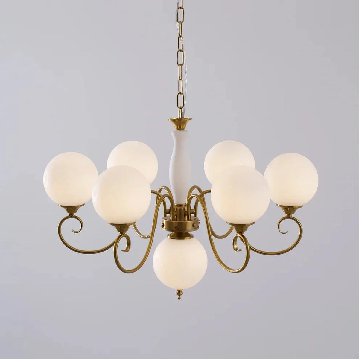 Curved Chandelier in rose brass for Dining Room light fixture by AUVIELIGHT, 6+1 heads D 65cm x H 45cm / ∅ 25.6" x H 17.7" / Antique Brass &