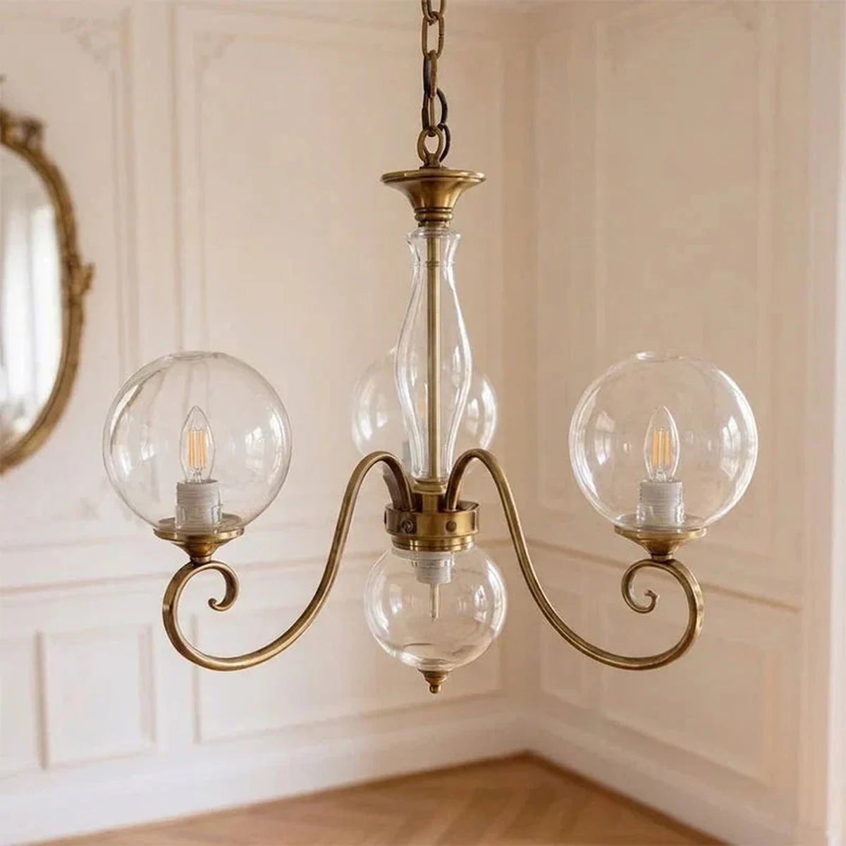 Curved Chandelier in rose brass for Dining Room light fixture by AUVIELIGHT, 3+1 heads D 55cm x H 40cm / ∅ 21.7" x H 15.7" / Antique Brass &