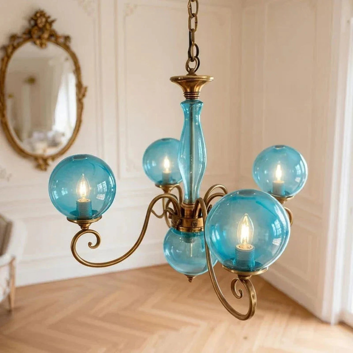 Curved Chandelier in rose brass for Dining Room light fixture by AUVIELIGHT, 4+1 heads D 55cm x H 45cm / ∅ 21.7" x H 17.7" / Antique Brass & Blue