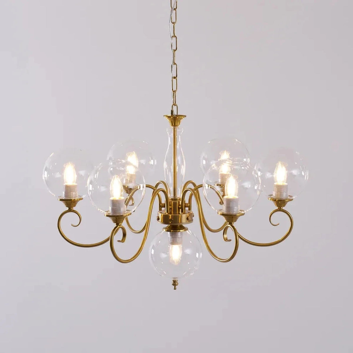 Curved Chandelier in rose brass for Dining Room light fixture by AUVIELIGHT, 6+1 heads D 65cm x H 45cm / ∅ 25.6" x H 17.7" / Antique Brass &