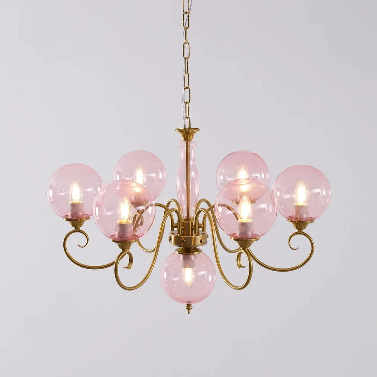Curved Chandelier in rose brass for Dining Room light fixture by AUVIELIGHT, 6+1 heads D 65cm x H 45cm / ∅ 25.6" x H 17.7" / Antique Brass & Pink