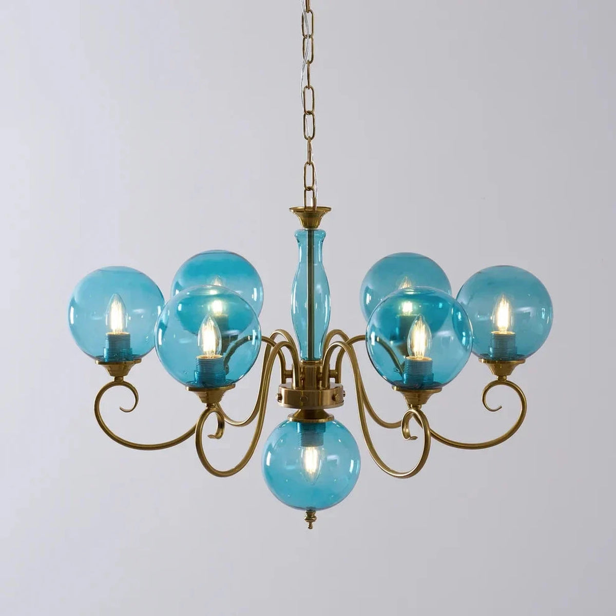 Curved Chandelier in rose brass for Dining Room light fixture by AUVIELIGHT, 6+1 heads D 65cm x H 45cm / ∅ 25.6" x H 17.7" / Antique Brass & Blue