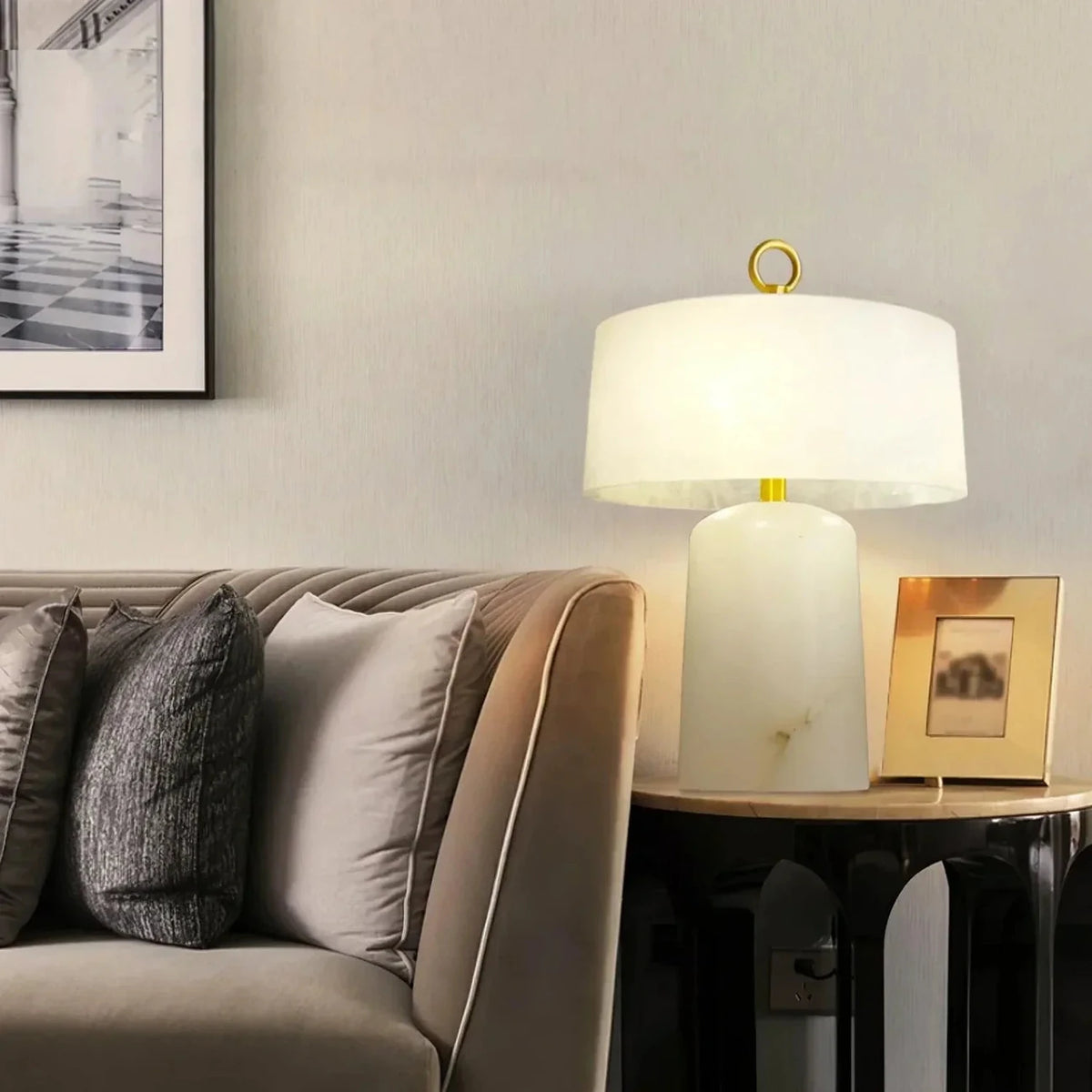 Drum Table Lamp in alabaster for Living Room light fixture by AUVIELIGHT