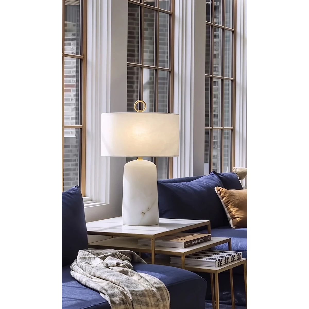 Drum Table Lamp in alabaster for Living Room light fixture by AUVIELIGHT