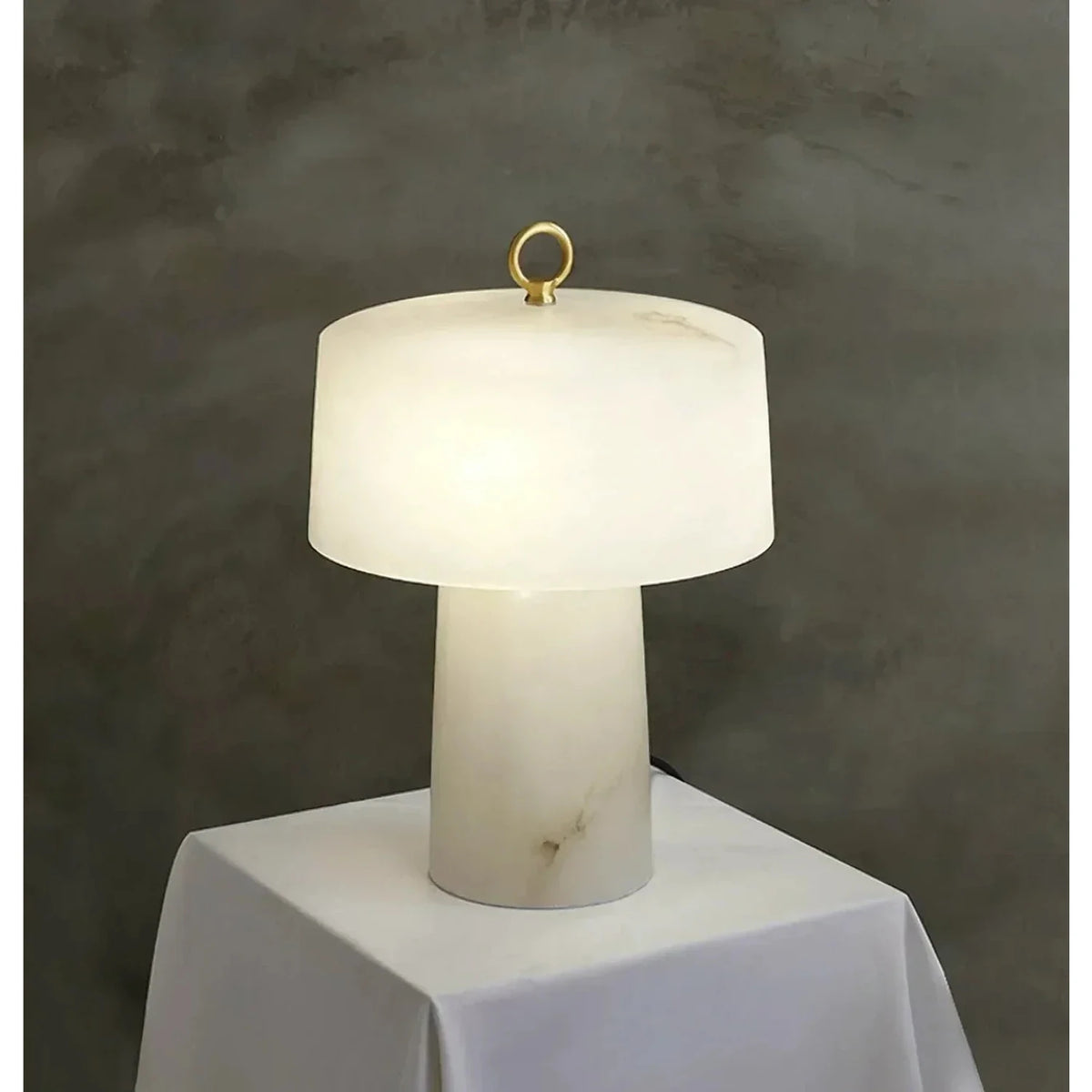 Drum Table Lamp in alabaster for Living Room light fixture by AUVIELIGHT, Dia 30cm x H 42cm / ∅ 11.8″ x H 16.5″ / Brass & White / AU plug and 3