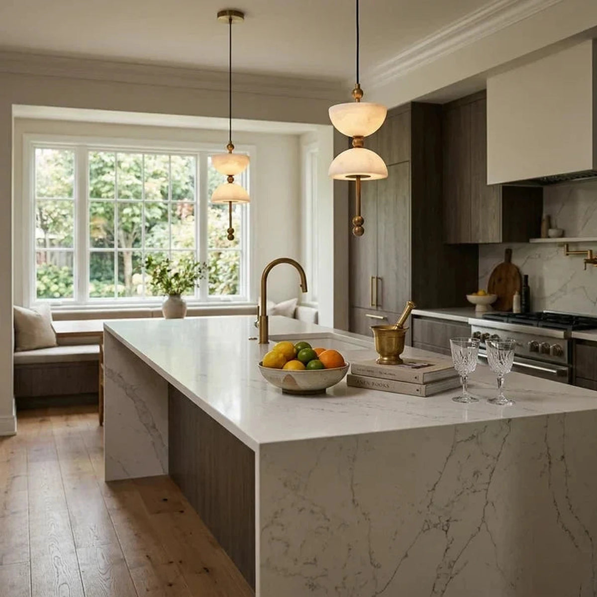 Dual Hemisphere Pendant Light in alabaster for Kitchen Island by AUVIELIGHT
