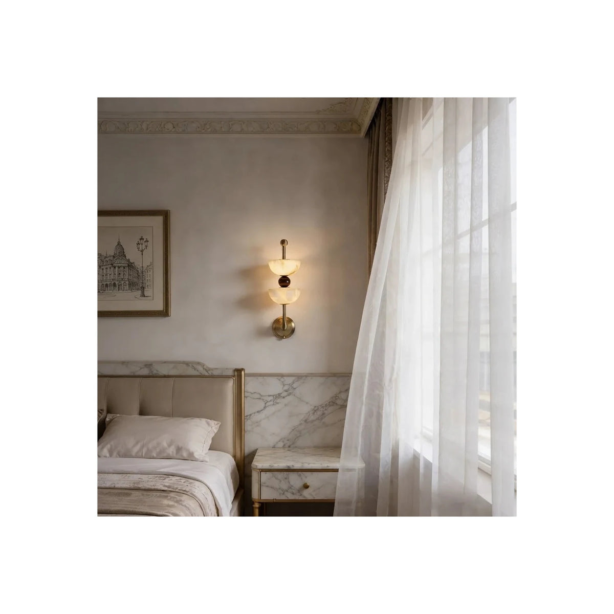 Duet Alabaster Dual-Bowl Wall Sconce light fixture by AUVIELIGHT