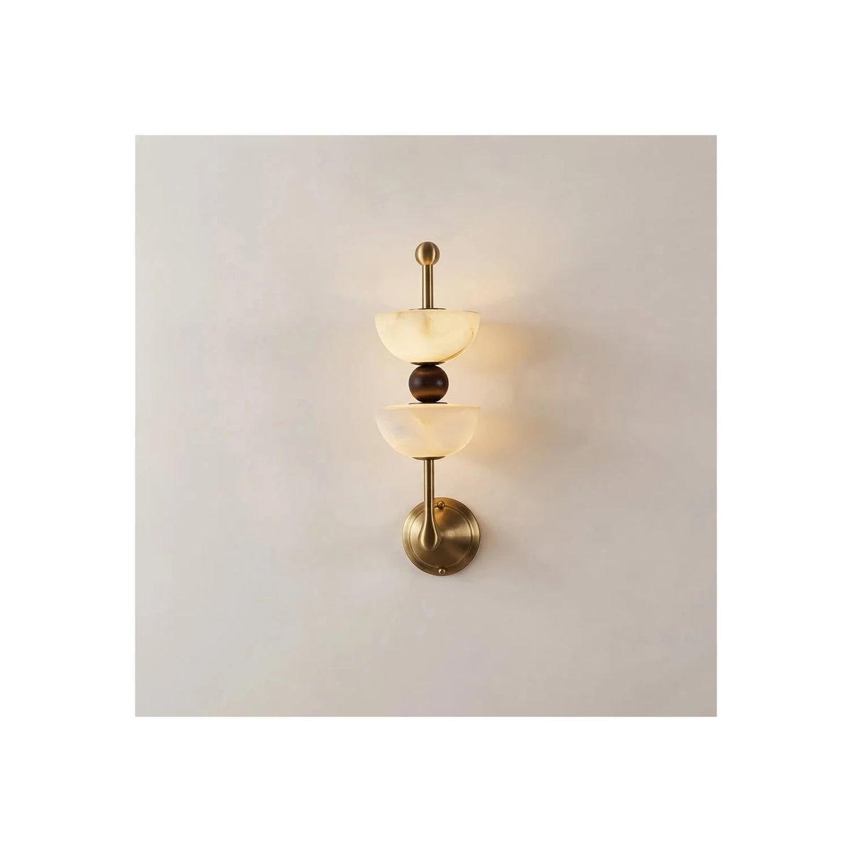 Duet Alabaster Dual-Bowl Wall Sconce light fixture by AUVIELIGHT, ∅ 6″ x H 19.7″ / Brass & White