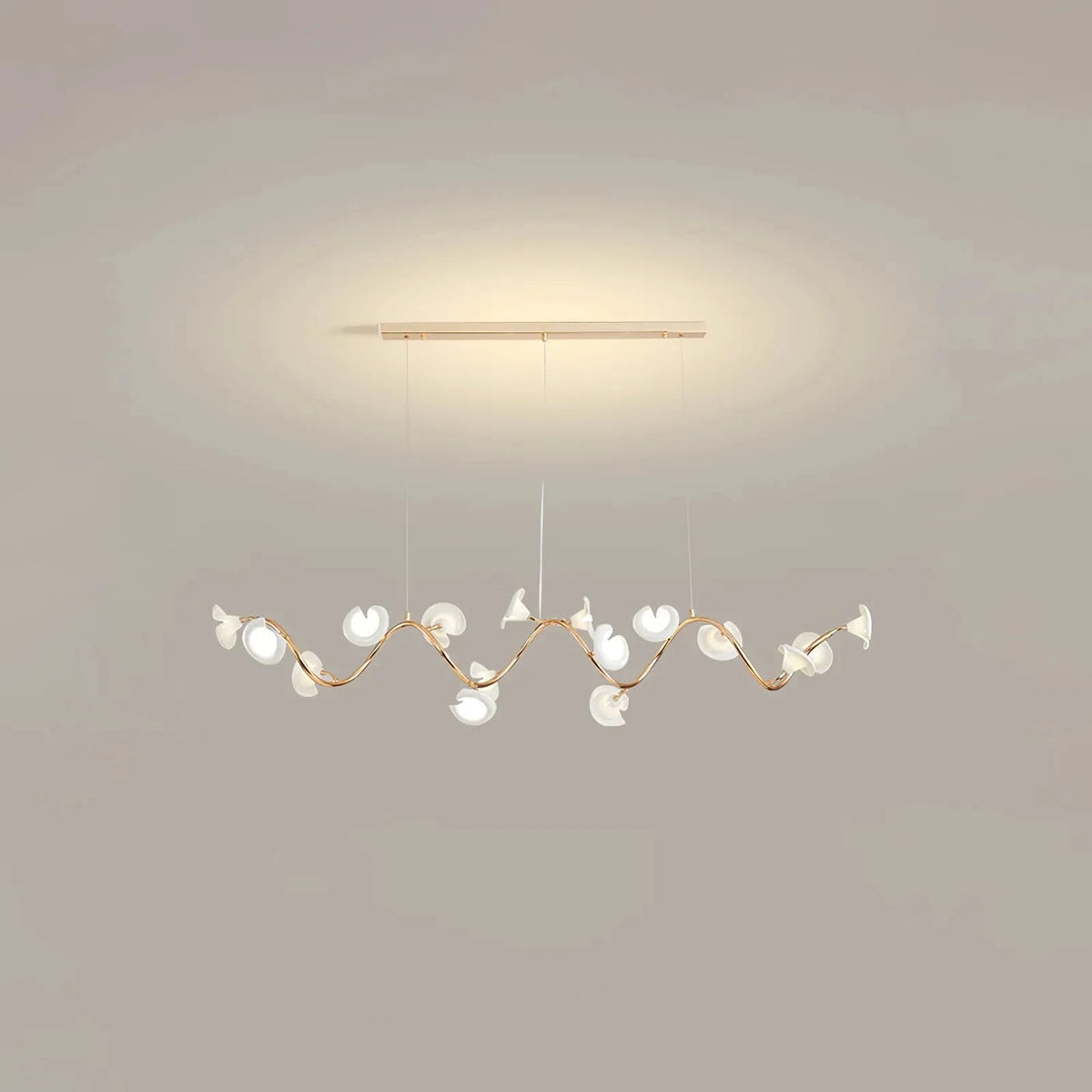 Elegant Brass S-Curved Glass Lily Pad Island Fixture light fixture by AUVIELIGHT, L 59.1″ x W 15.7″ x H 13.8″ / Gold & White