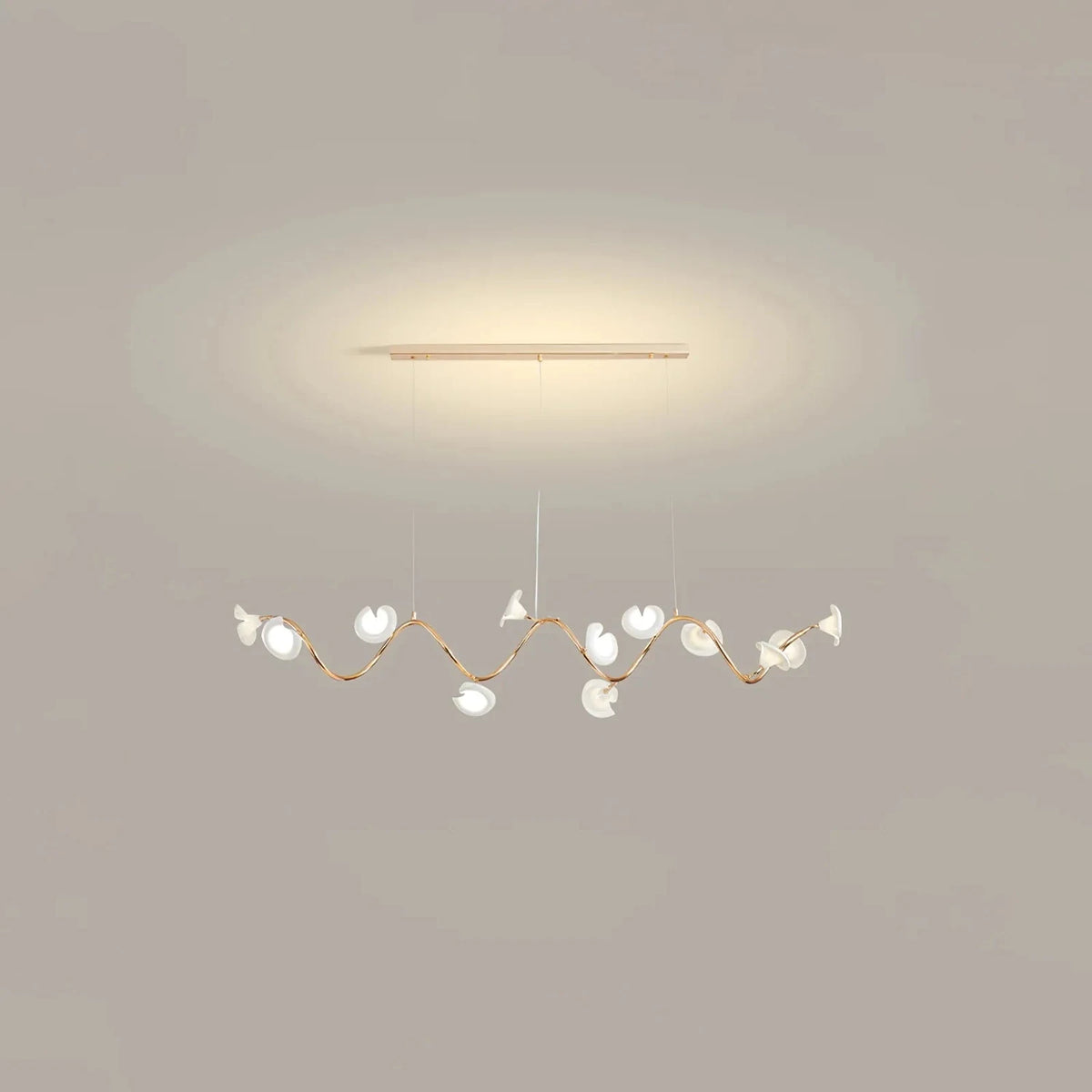 Elegant Brass S-Curved Glass Lily Pad Island Fixture light fixture by AUVIELIGHT, L 47.2″ x W 15.7″ x H 13.8″ / Gold & White