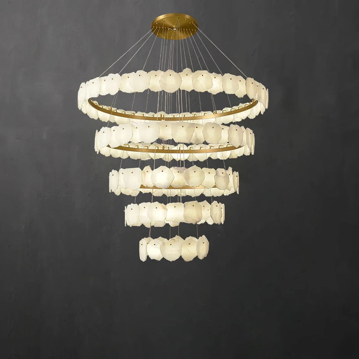 Flake Round Chandelier in alabaster for Dining Room light fixture by AUVIELIGHT, 5-layers ∅ 53.1" x H 59.1" / Gold & White / Warm Light