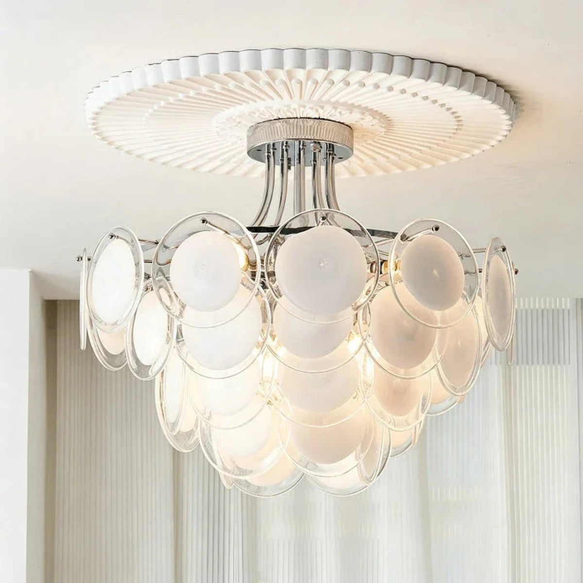 Floating Tiered Ceiling Light in clear glass for Living Room by AUVIELIGHT, ∅ 24″ x H 19.7″ / Chrome & White