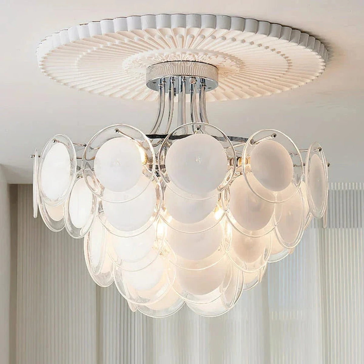 Floating Tiered Ceiling Light in clear glass for Living Room by AUVIELIGHT, ∅ 29.9″ x H 22″ / Chrome & White