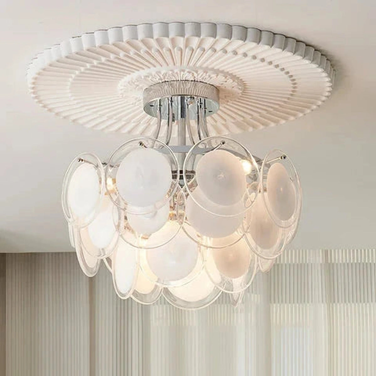 Floating Tiered Ceiling Light in clear glass for Living Room by AUVIELIGHT, ∅ 18.1″ x H 16.5″ / Chrome & White