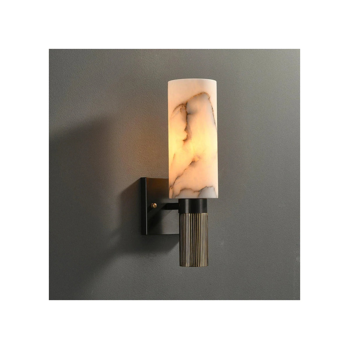 Fluted Brass Alabaster Cylinder Sconce light fixture by AUVIELIGHT, ∅ 5.1" x H 13.4" / Dia 13cm x H 34cm / Blackened + White