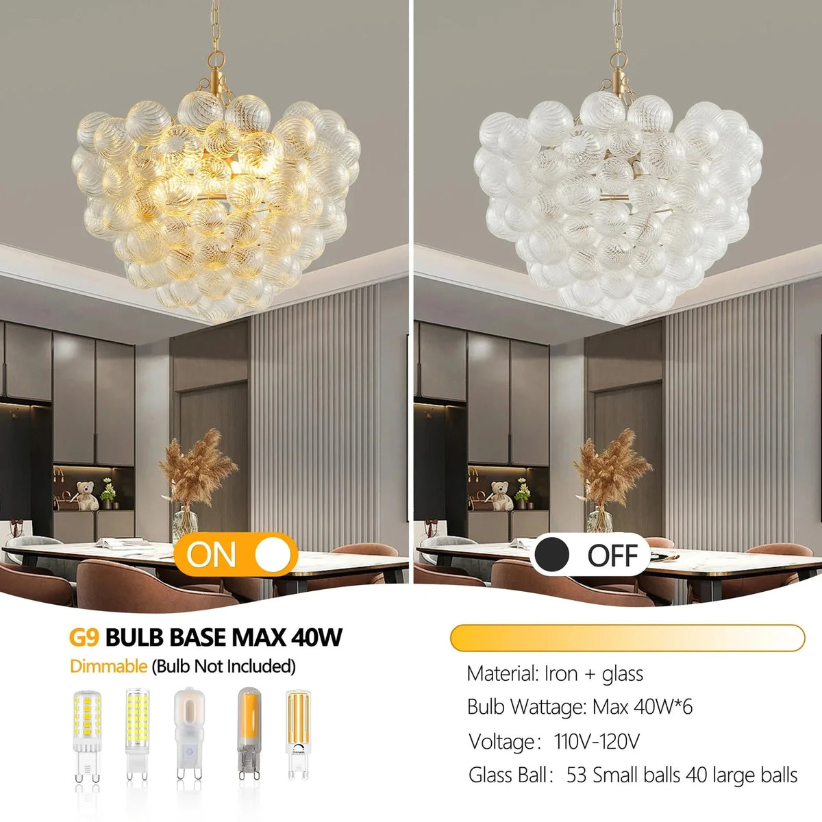 Fluted Bubble Chandelier in glass for Dining Room light fixture by AUVIELIGHT