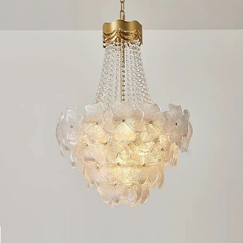 French Crown Petal Chandelier in brass for Dining Room by AUVIELIGHT, ∅ 19.7″ x H 27.6″ / Clear & Gold