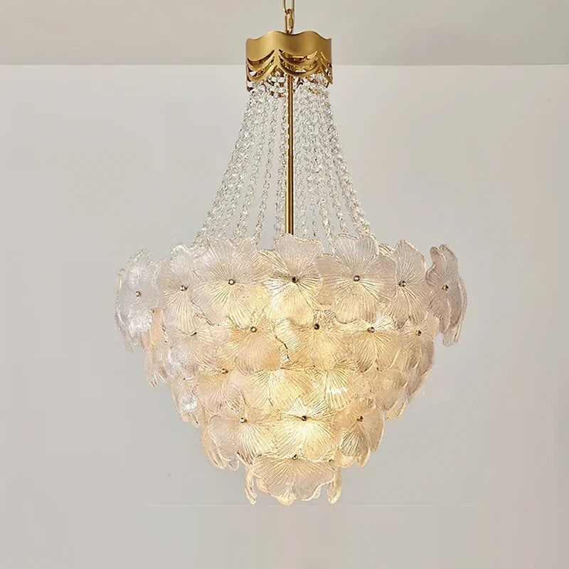 French Crown Petal Chandelier in brass for Dining Room by AUVIELIGHT, ∅ 23.6″ x H 31.5″ / Clear & Gold