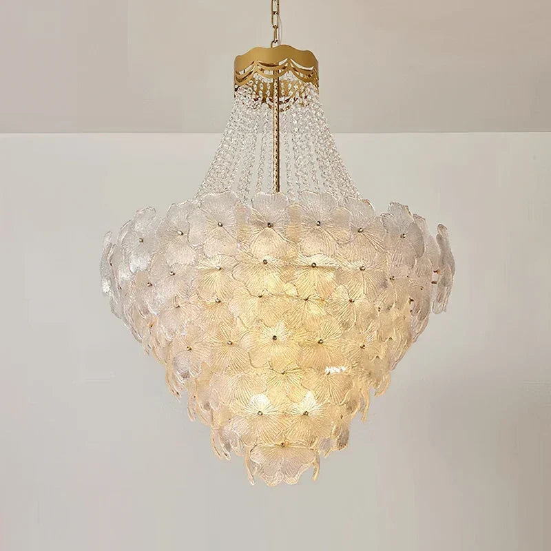 French Crown Petal Chandelier in brass for Dining Room by AUVIELIGHT, ∅ 31.5″ x H 39.4″ / Clear & Gold
