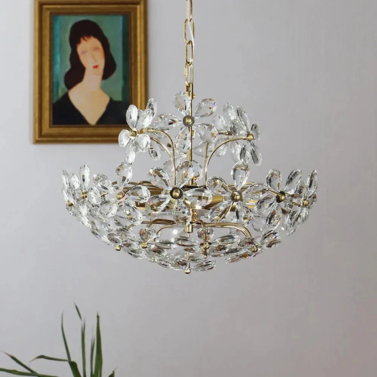 French Flower Basket Chandelier in crystal for Dining Room light fixture by AUVIELIGHT, Dia 17.8'' x H 11.9'' / Clear & Gold