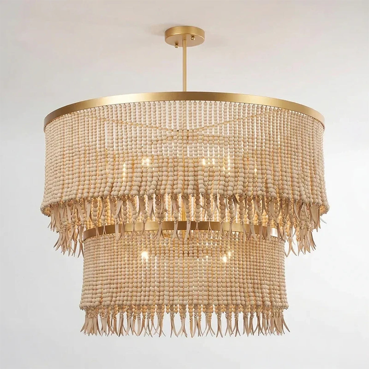 Fringe Beaded Chandelier for Dining Room light fixture by AUVIELIGHT, 2-Tier D 80cm + D 60cm / ∅ 31.5″ x H 23.6″ / Wood color