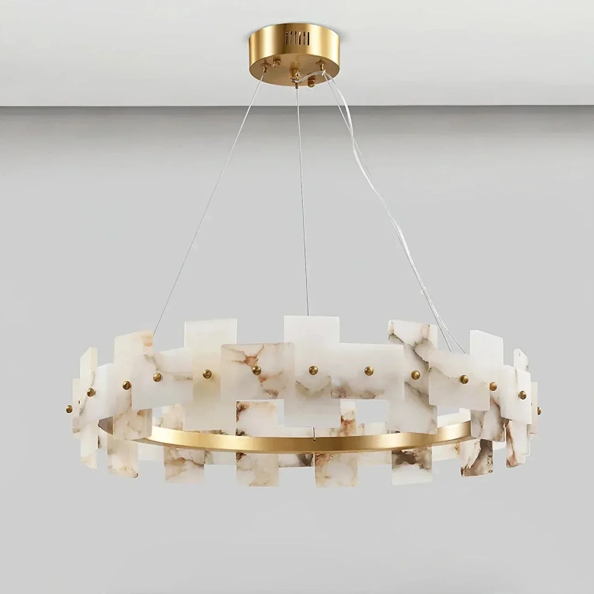 Geometric Chandelier in alabaster for Dining Room by AUVIELIGHT, Dia 60cm x H 150cm / ∅ 23.6″ x H 59″ / Brass & White