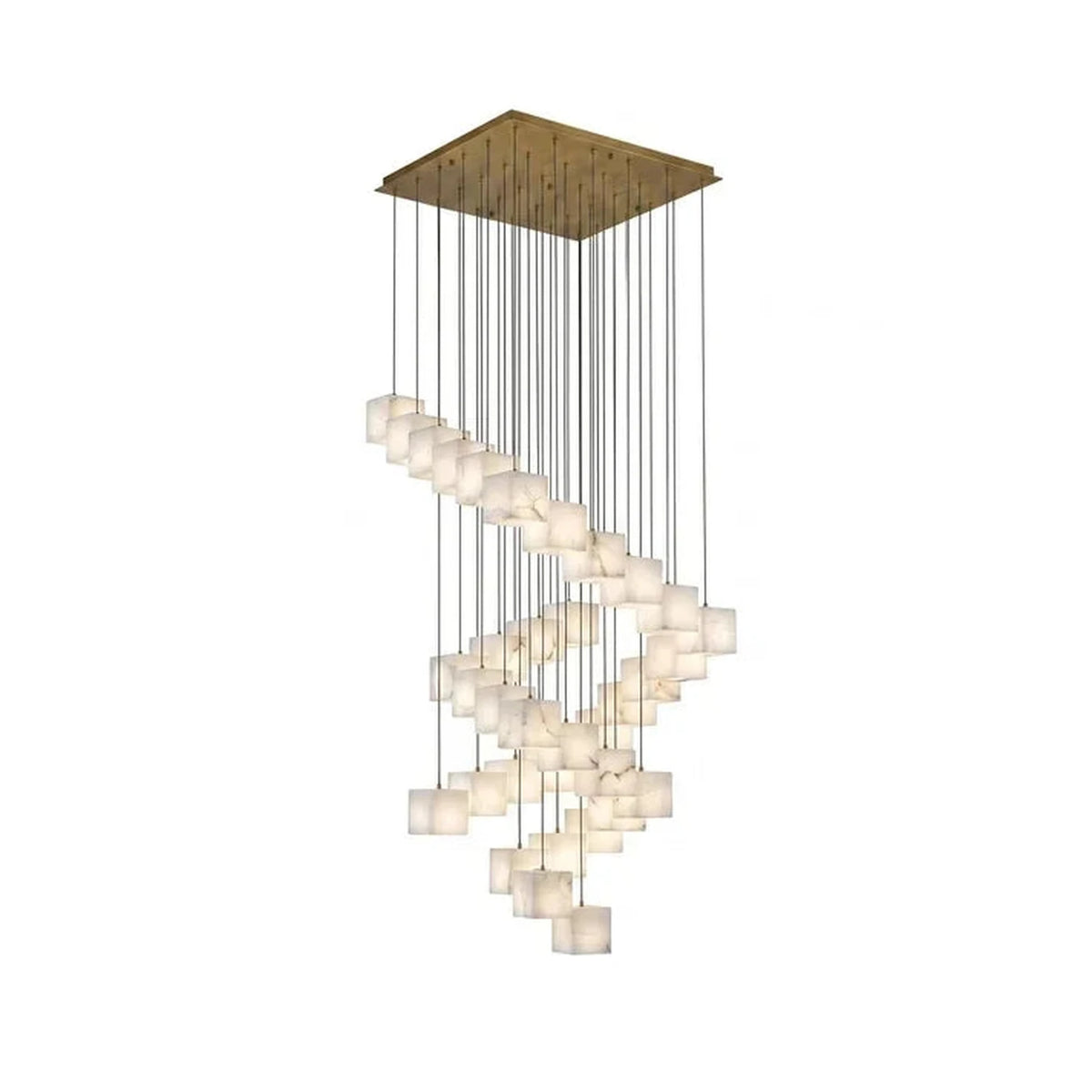 Geometric Cube Chandelier in alabaster for Dining Room light fixture by AUVIELIGHT, 36B heads D 70cm x H 400cm / ∅ 27.6″ x H 157.5″ / Brass &