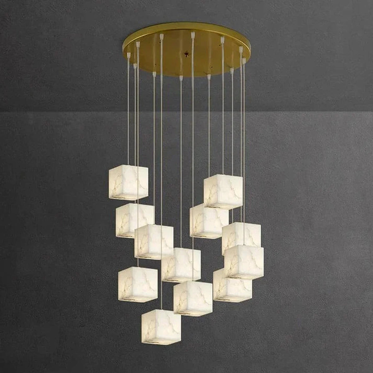 Geometric Cube Chandelier in alabaster for Dining Room light fixture by AUVIELIGHT, 12 heads D 40cm x H 300cm / ∅ 15.7″ x H 118.1″ / Brass &