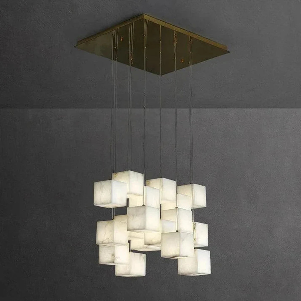Geometric Cube Chandelier in alabaster for Dining Room light fixture by AUVIELIGHT, 18 heads D 60cm x H 300cm / ∅ 23.6″ x H 118.1″ / Brass &