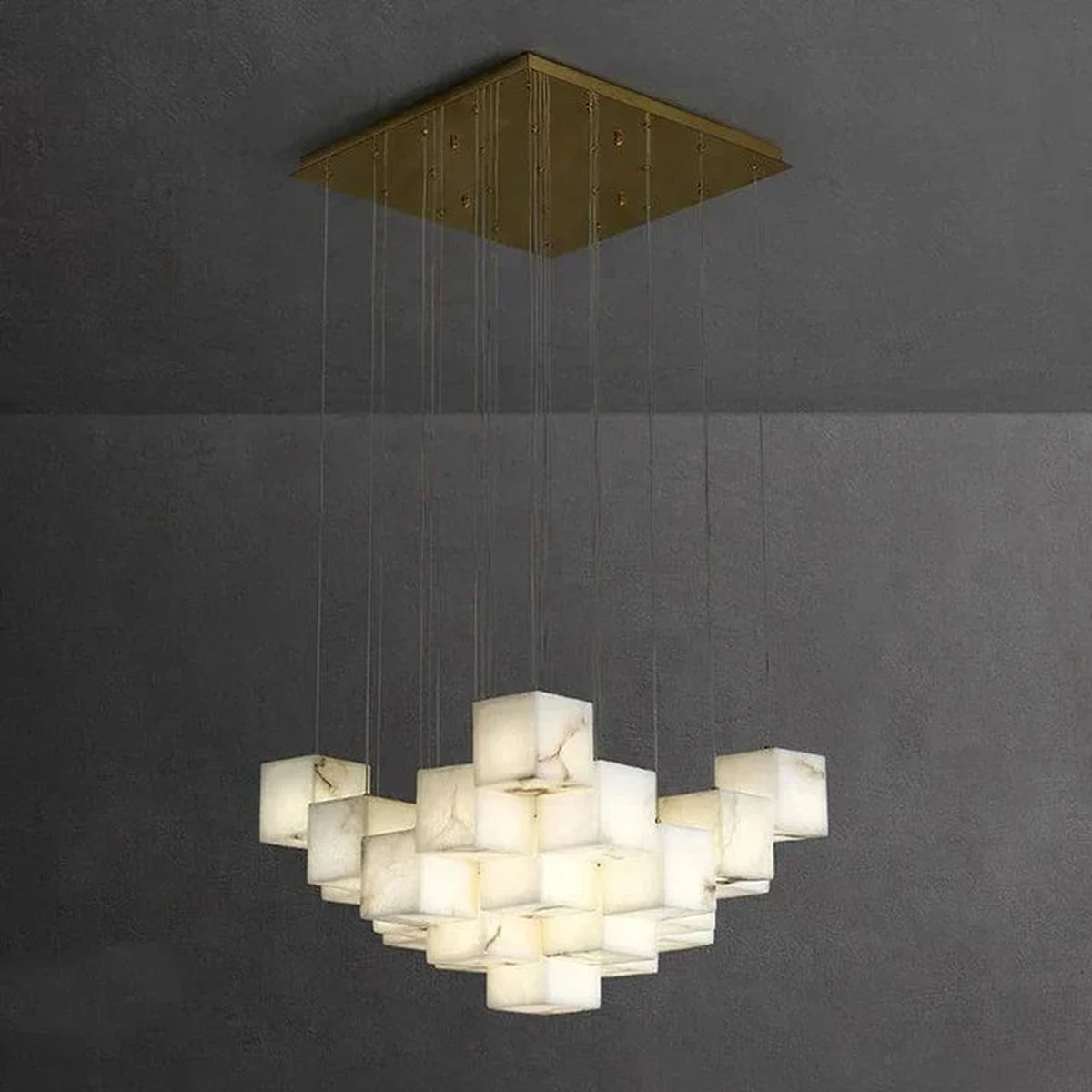 Geometric Cube Chandelier in alabaster for Dining Room light fixture by AUVIELIGHT, 25 heads D 80cm x H 400cm / ∅ 31.5″ x H 157.5″ / Brass &