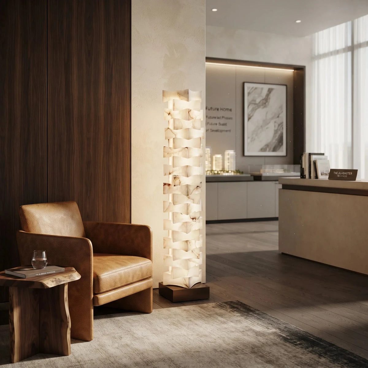 Geometry Stacked Floor Lamp in alabaster for Living Room light fixture by AUVIELIGHT