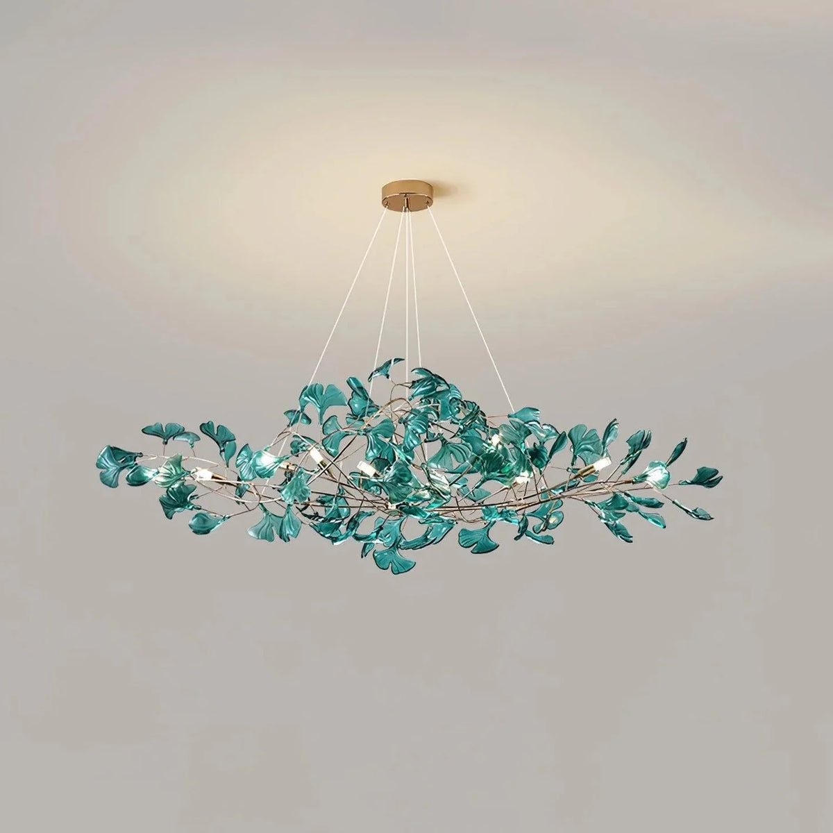 Ginkgo Leaf Chandelier for Dining Room by AUVIELIGHT, L 39.4" x W 15.7"x H 15.7" / L 100cm x W 40cm x H 40cm / Gold & & Dark green