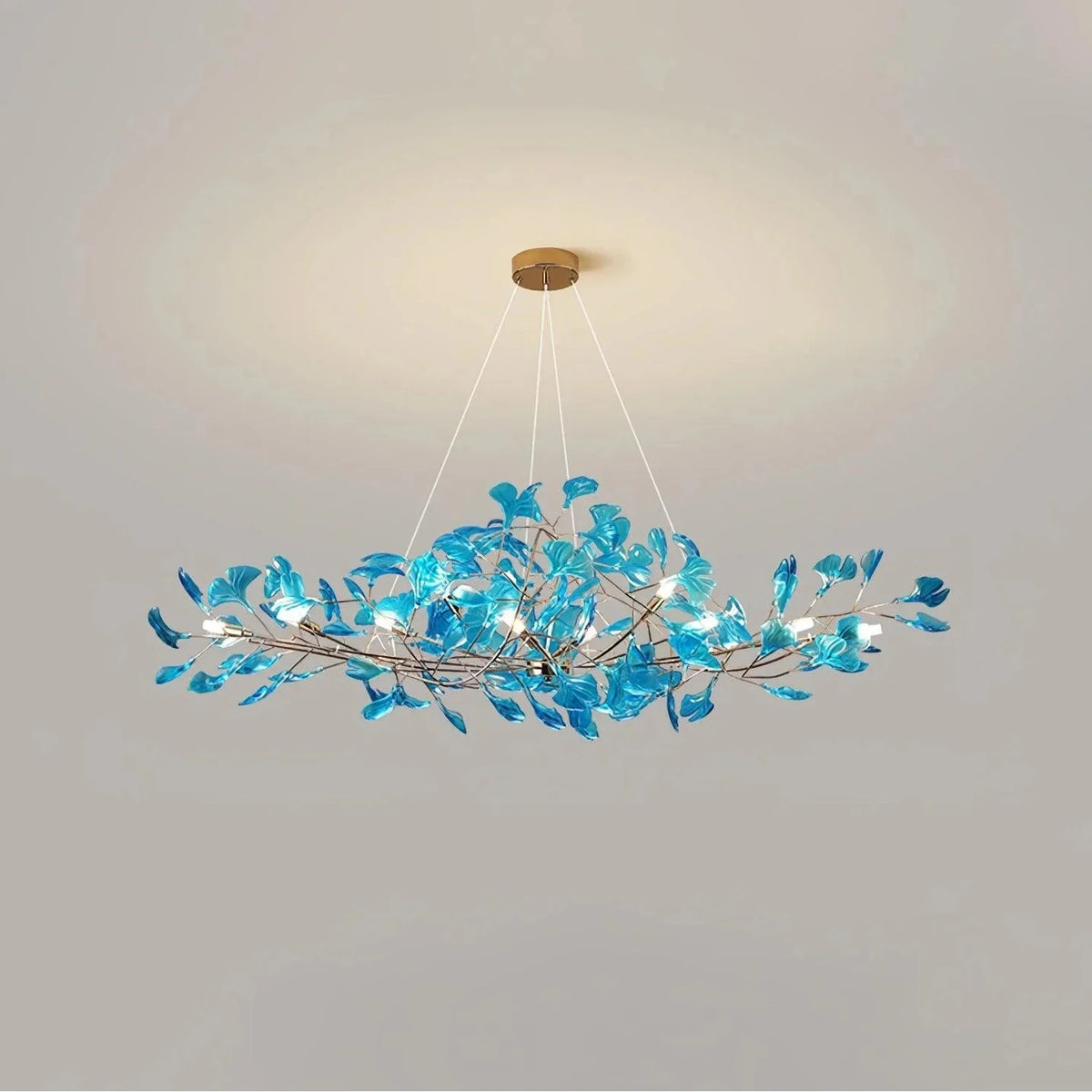 Ginkgo Leaf Chandelier for Dining Room by AUVIELIGHT, L 39.4" x W 15.7"x H 15.7" / L 100cm x W 40cm x H 40cm / Gold & & Royal blue