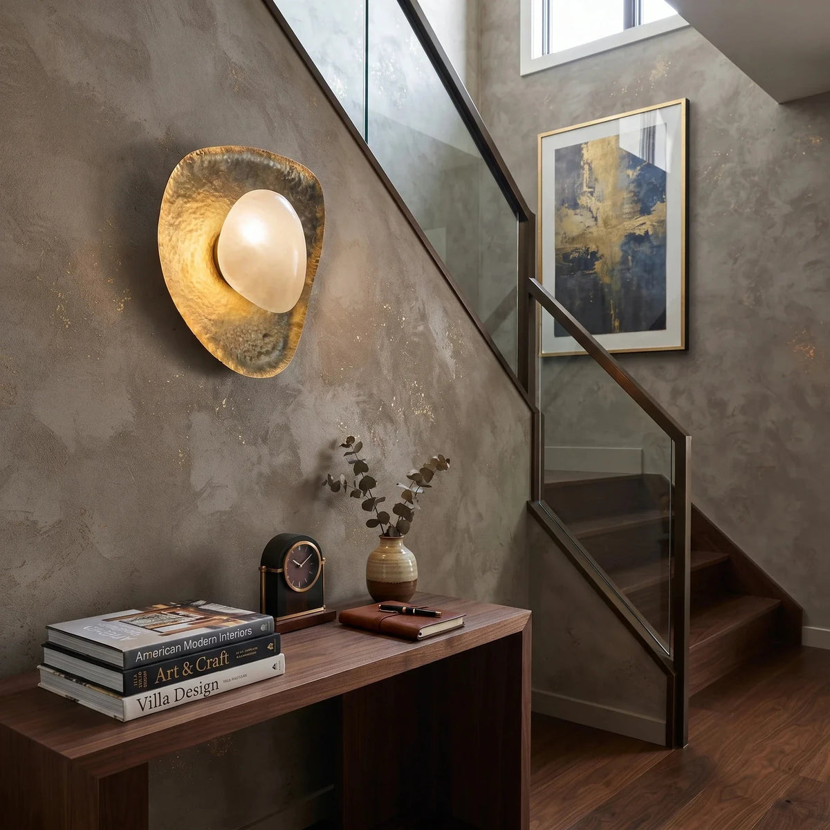 Hammered Pebble Wall Sconce in gold alabaster for Hallway light fixture by AUVIELIGHT