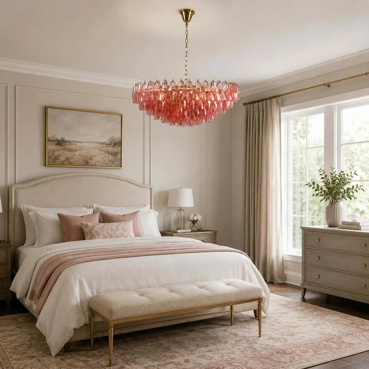 Handblown Faceted Tiered Pendant Light in pink glass for Kitchen Island by AUVIELIGHT