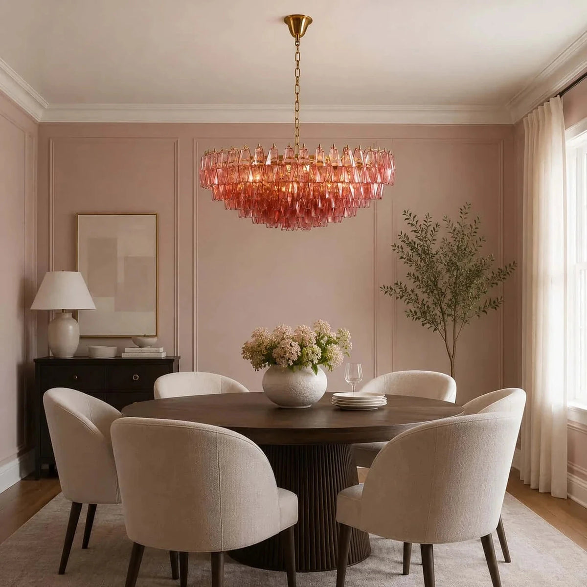 Handblown Faceted Tiered Pendant Light in pink glass for Kitchen Island by AUVIELIGHT