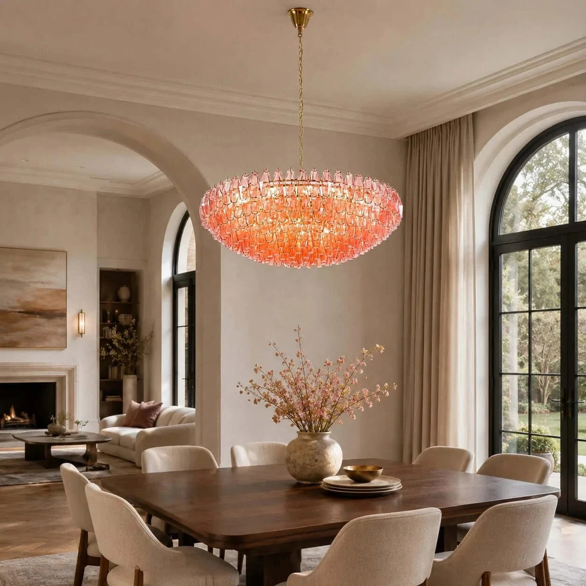Handblown Faceted Tiered Pendant Light in pink glass for Kitchen Island by AUVIELIGHT