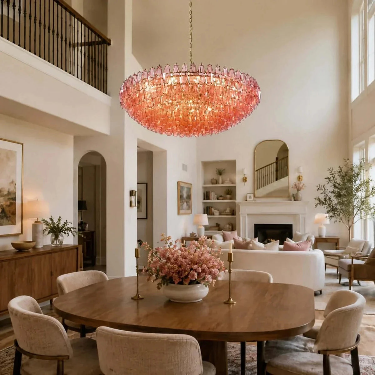 Handblown Faceted Tiered Pendant Light in pink glass for Kitchen Island by AUVIELIGHT