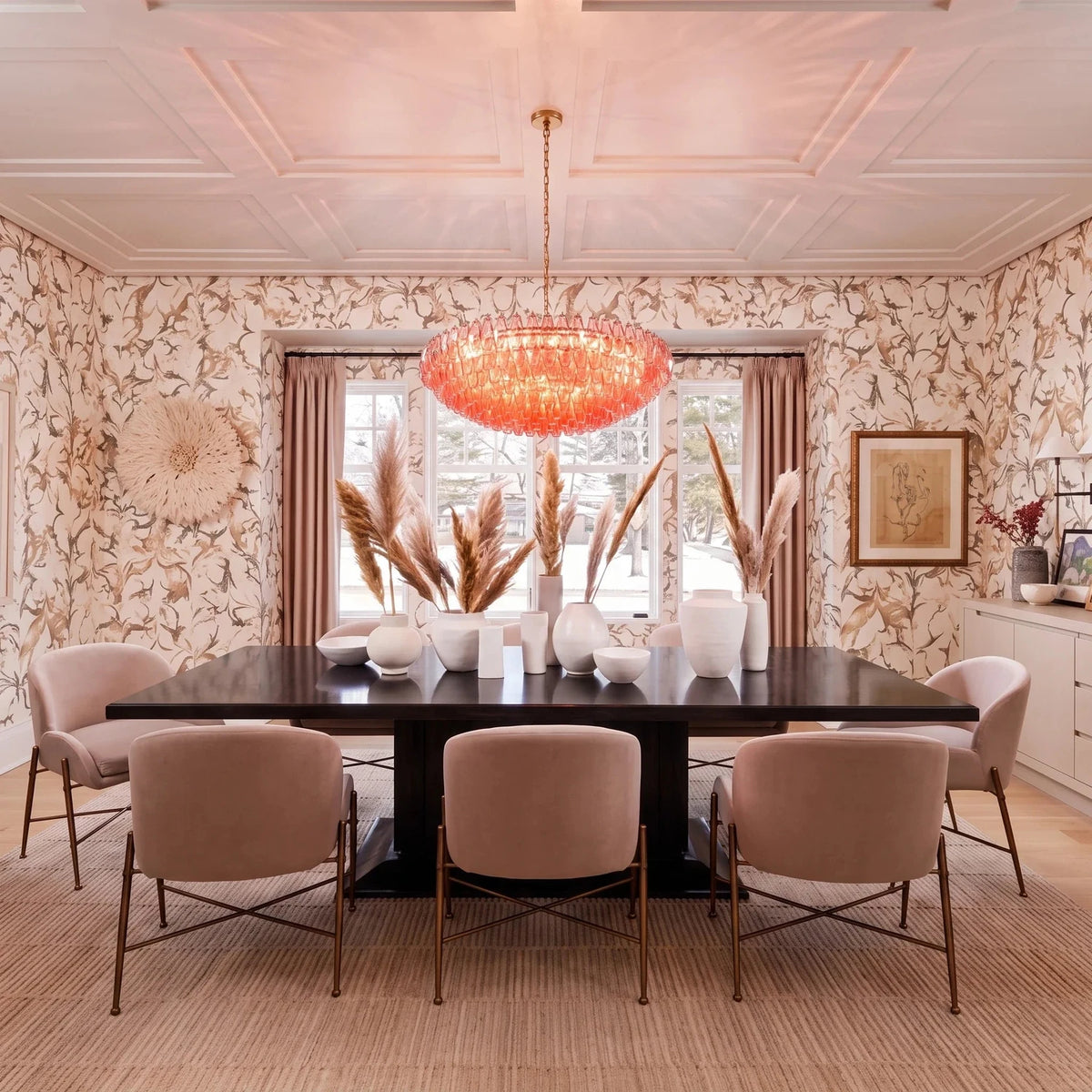 Handblown Faceted Tiered Pendant Light in pink glass for Kitchen Island by AUVIELIGHT