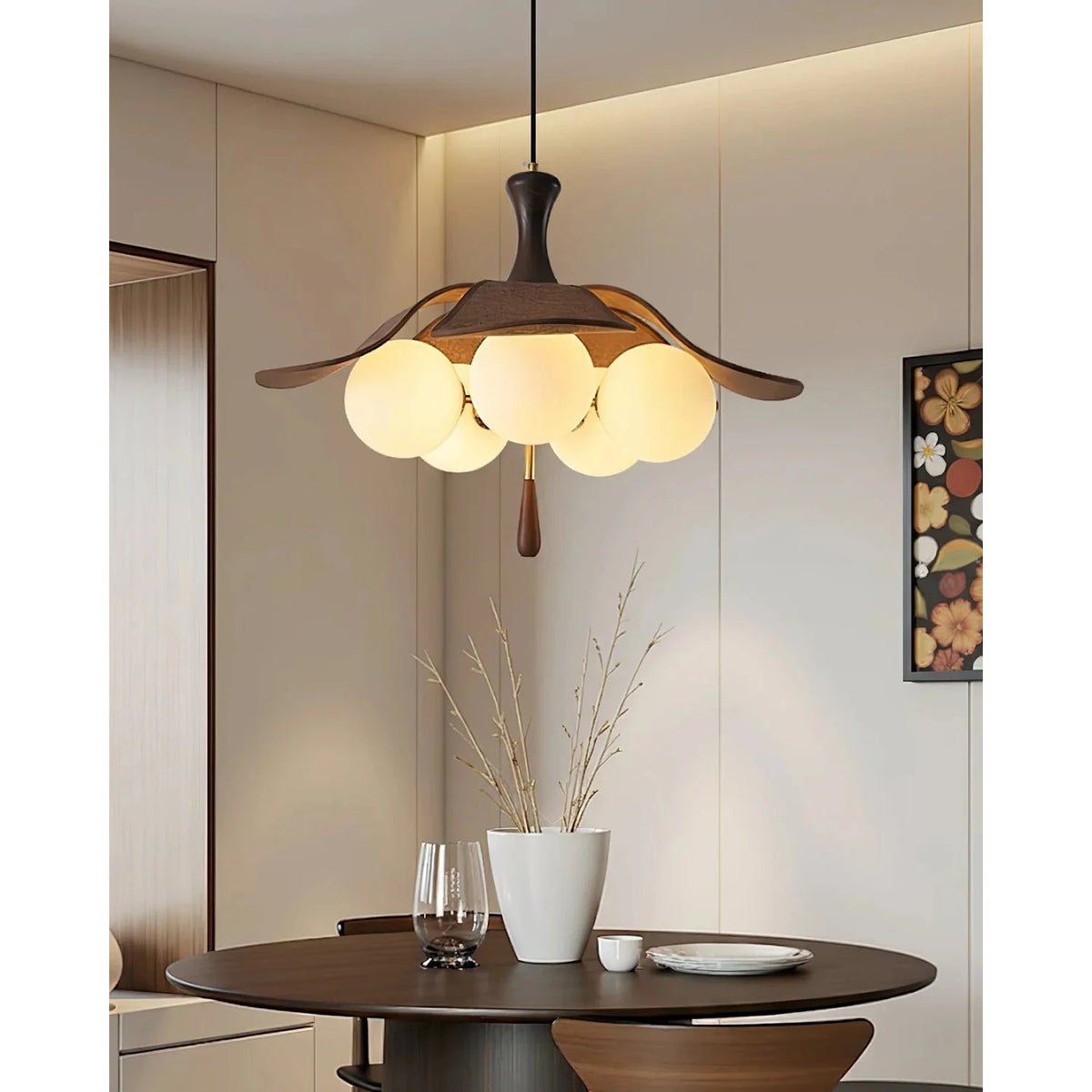 Japanese Wabi-Sabi Wooden Lotus Flower Chandelier light fixture by AUVIELIGHT