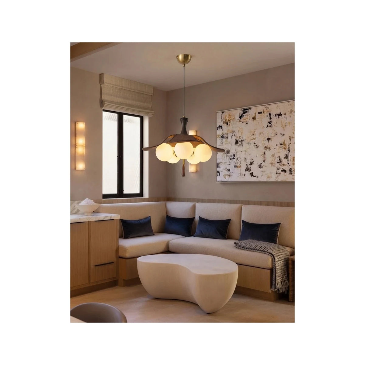 Japanese Wabi-Sabi Wooden Lotus Flower Chandelier light fixture by AUVIELIGHT
