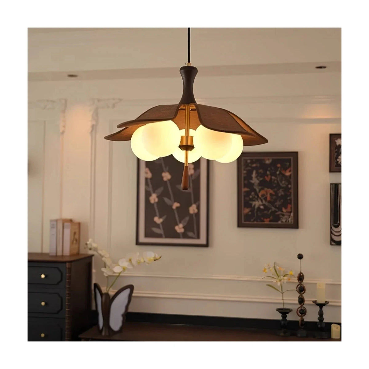 Japanese Wabi-Sabi Wooden Lotus Flower Chandelier light fixture by AUVIELIGHT
